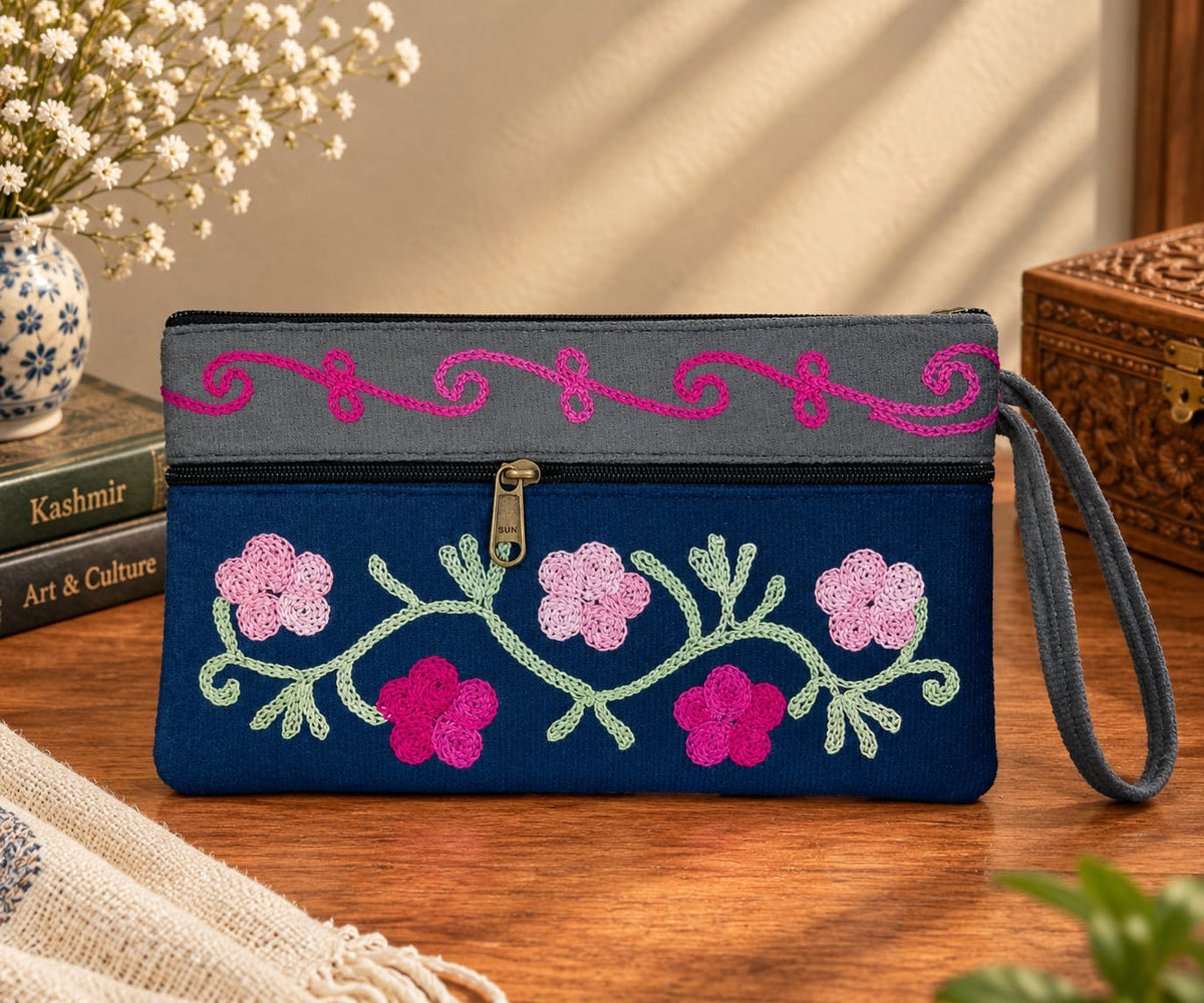 Elegant Velvet Kashmiri Embroidered Utility Pouch / Wristlet |  Midnight Blue & Steel Grey