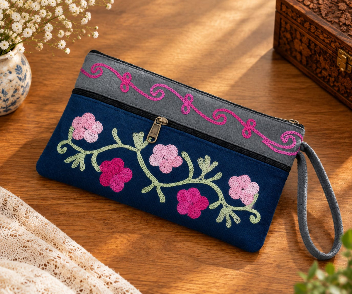 Elegant Velvet Kashmiri Embroidered Utility Pouch / Wristlet |  Midnight Blue & Steel Grey