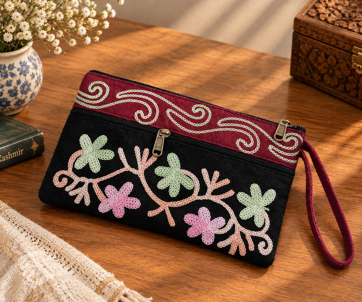 Elegant Velvet Kashmiri Embroidered Utility Pouch / Wristlet | Black & Wine