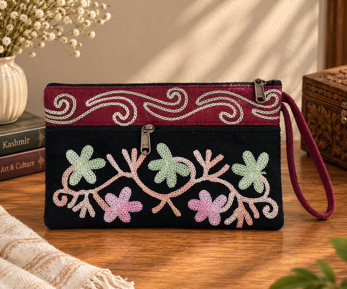 Elegant Velvet Kashmiri Embroidered Utility Pouch / Wristlet | Black & Wine