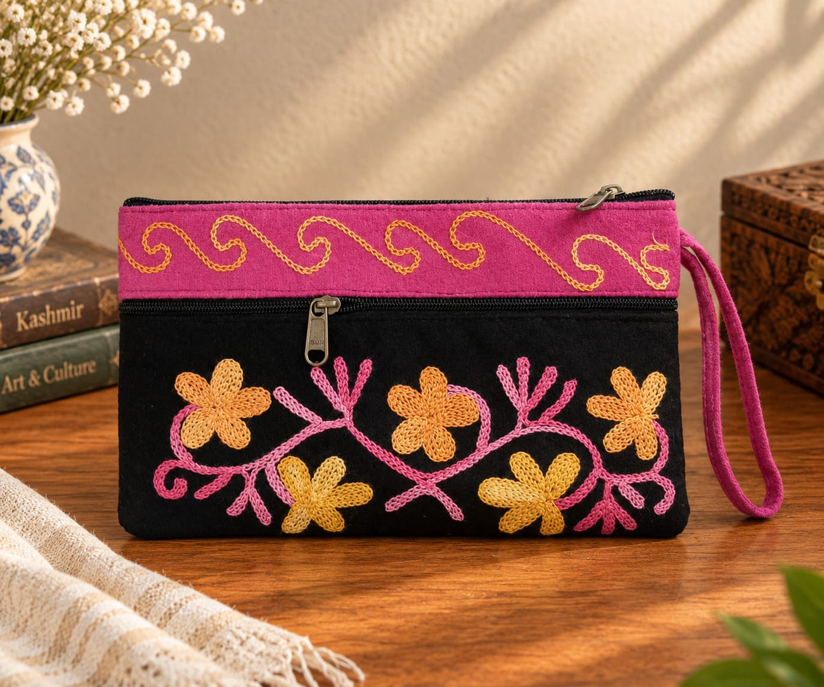 Elegant Velvet Kashmiri Embroidered Utility Pouch / Wristlet | Black & Fuchsia Pink