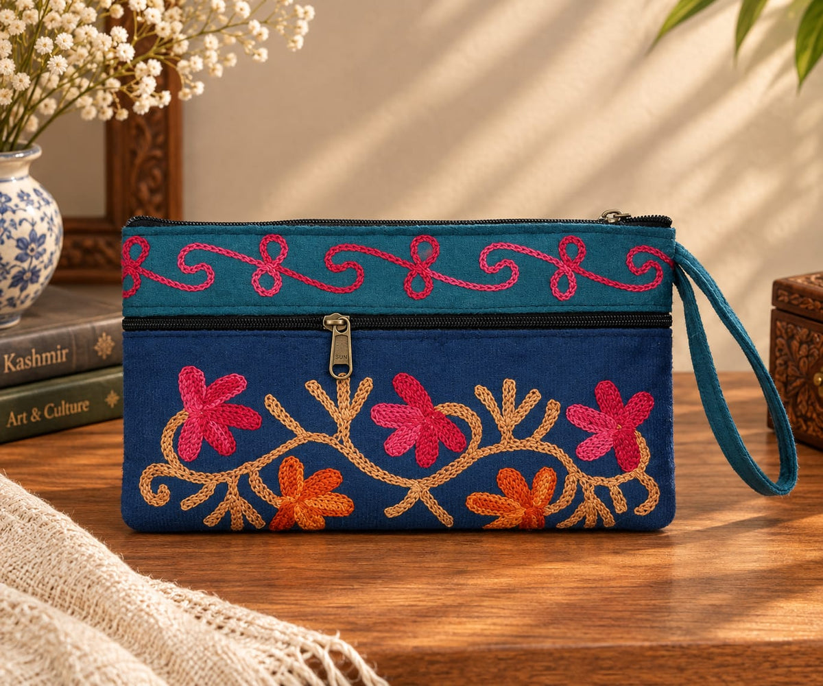 Elegant Velvet Kashmiri Embroidered Utility Pouch / Wristlet | Midnight Blue & Deep Teal