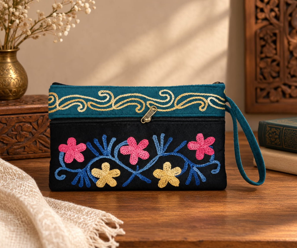 Elegant Velvet Kashmiri Embroidered Utility Pouch / Wristlet | Black & Teal