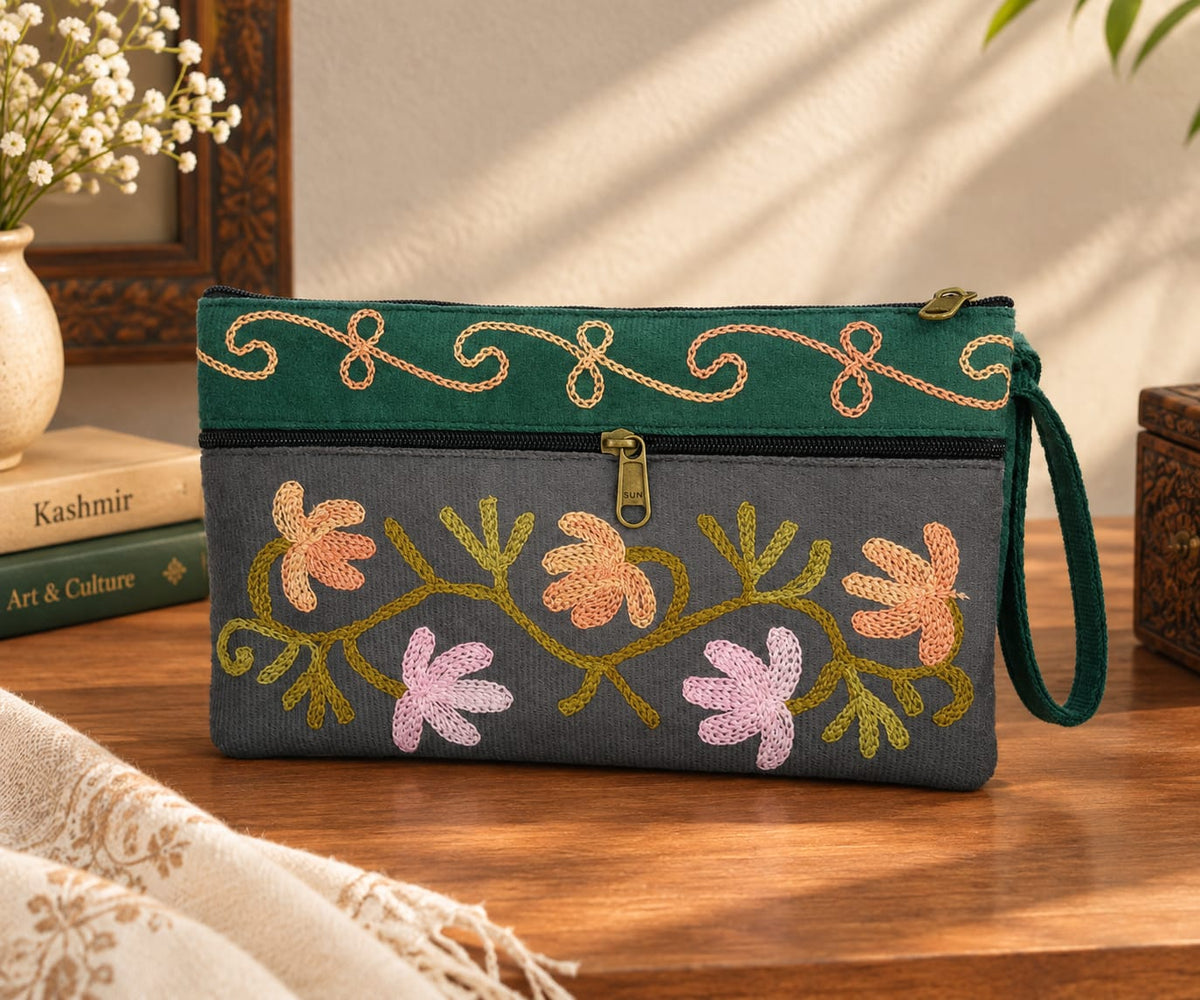 Elegant Velvet Kashmiri Embroidered Utility Pouch / Wristlet | Steel Grey & Sage Green