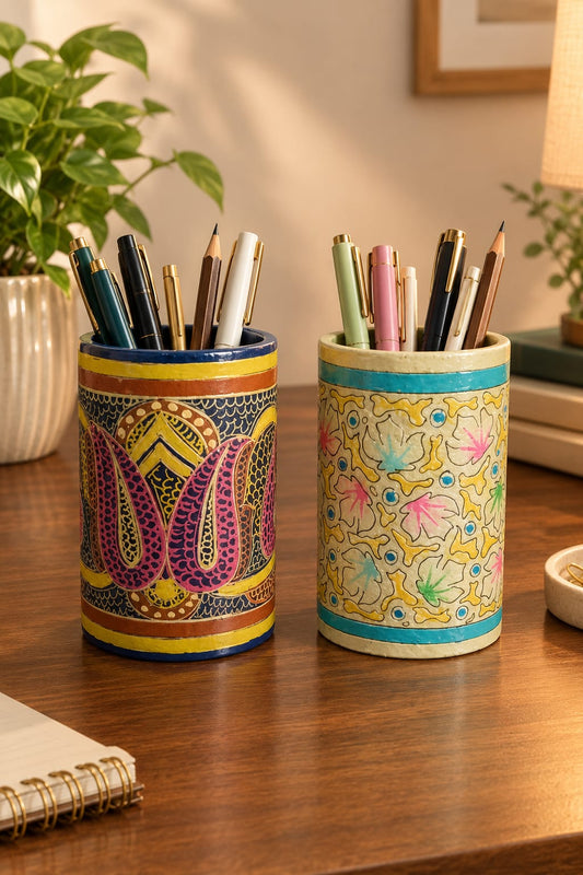 Floral Handcrafted Paper Mache Pen Holders | Set of 2