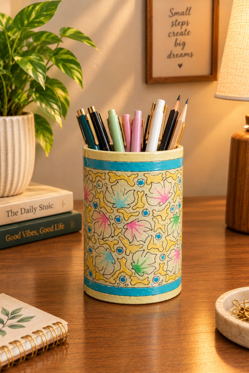 Floral Handcrafted Paper Mache Pen Holders | Set of 2