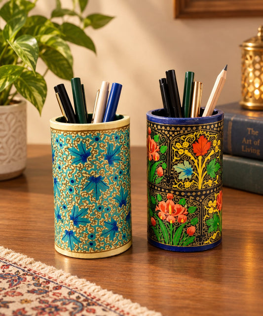 Paper Mache Pen Holders | Set of 2 | Hand Painted Design