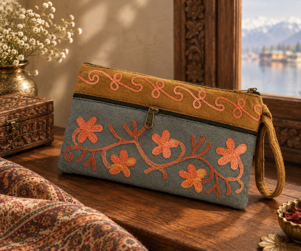 Elegant Velvet Kashmiri Embroidered Utility Pouch / Wristlet | Grey & Camel