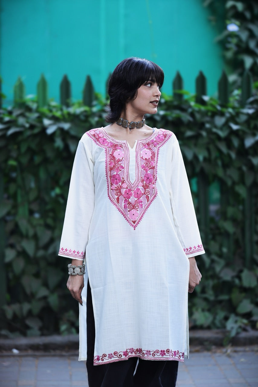 White Embroidered Long Kurti | Kashmiri Kurti