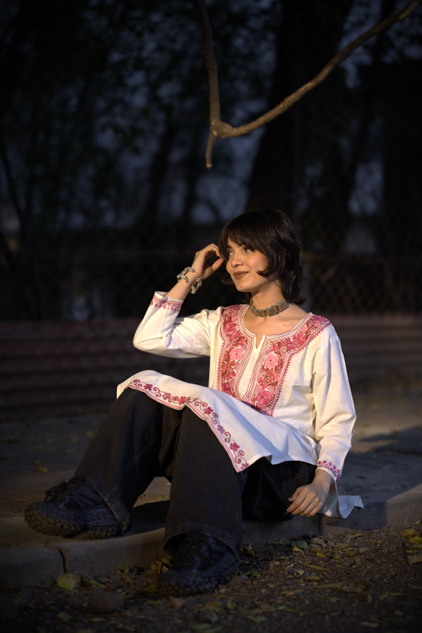 White Embroidered Long Kurti | Kashmiri Kurti