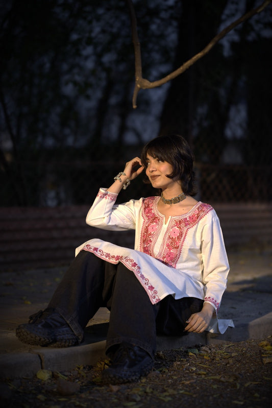 White Embroidered Long Kurti | Kashmiri Kurti