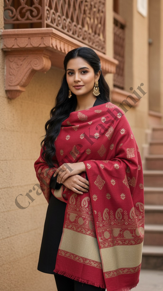 Dual Shade | Red and Golden | Kashmiri Kani Woolen Shawl | Ladies Winter Shawl