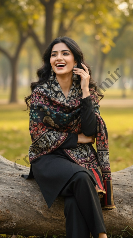 Black Colored | Flower Design | Woolen Kani Shawl | Ladies Winter Wear