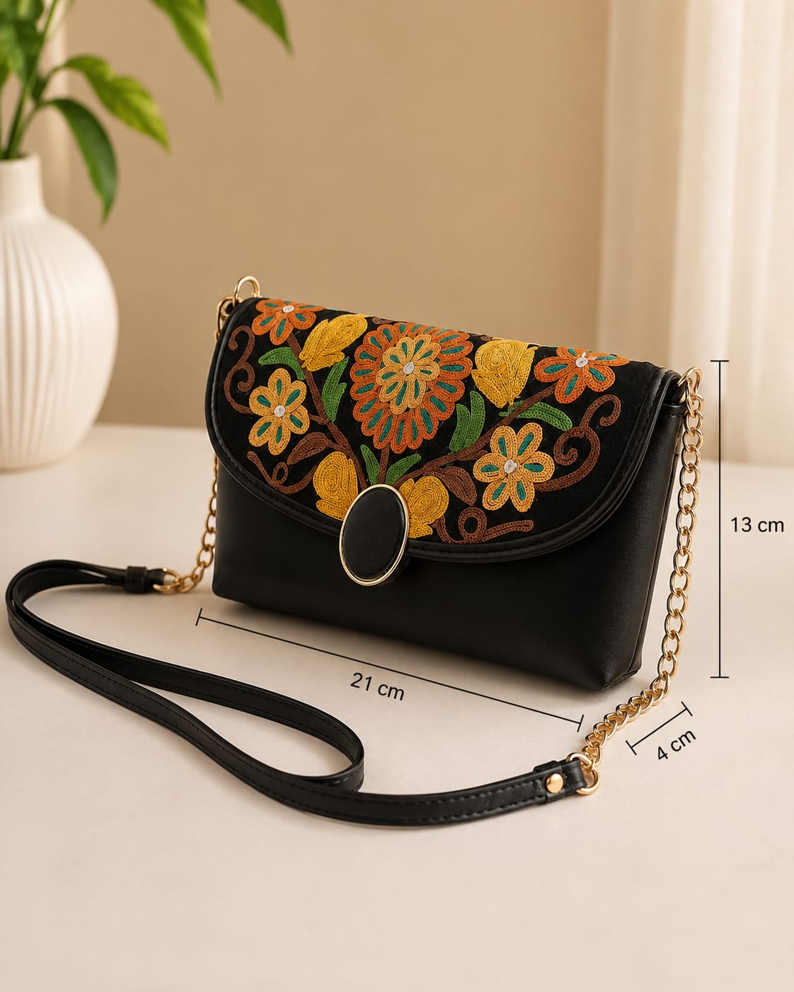 Elegant Black Kashmiri Embroidered Sling Bag | Crossbody Purse for Women