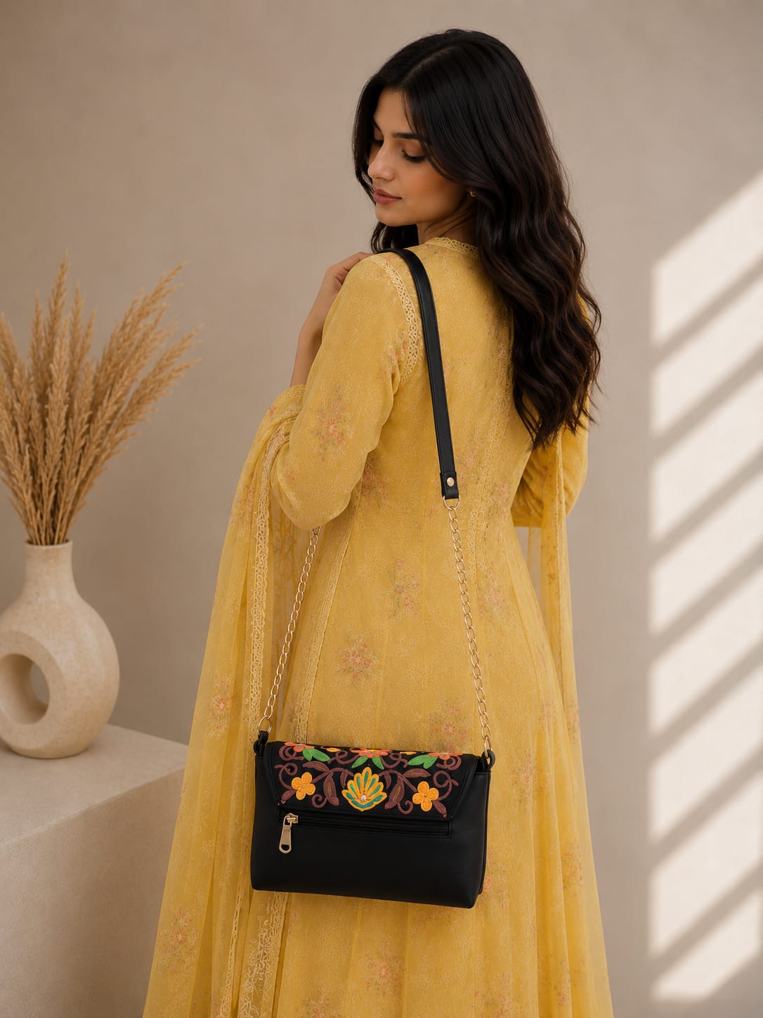 Elegant Black Kashmiri Embroidered Sling Bag | Crossbody Purse for Women
