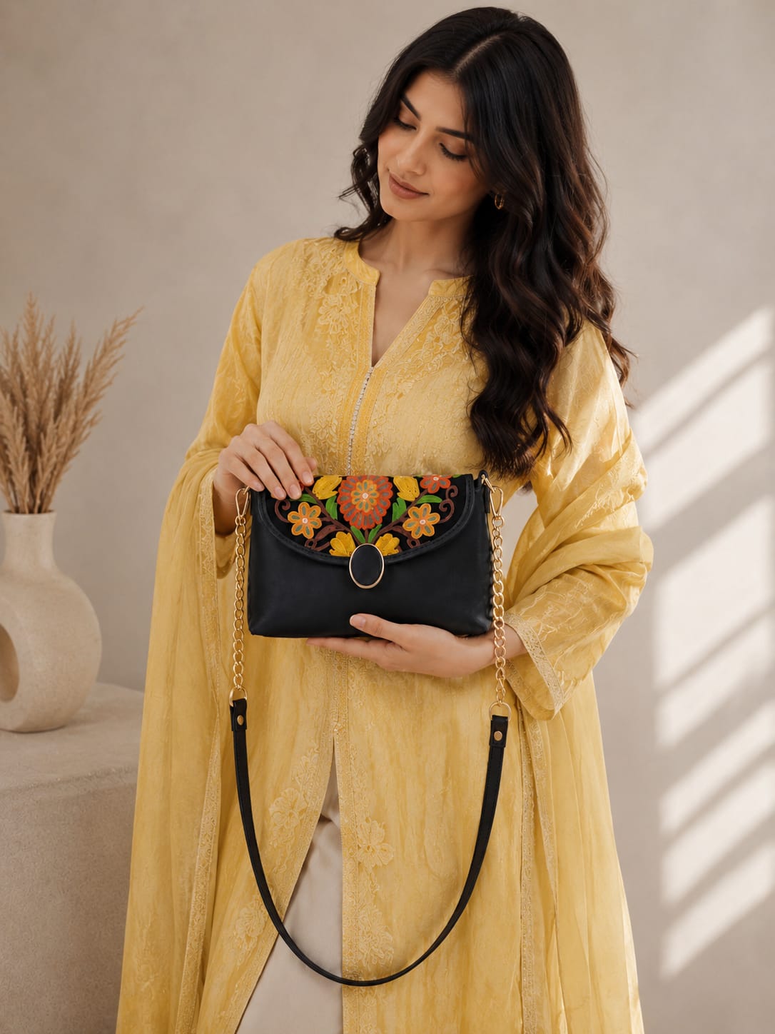 Elegant Black Kashmiri Embroidered Sling Bag | Crossbody Purse for Women