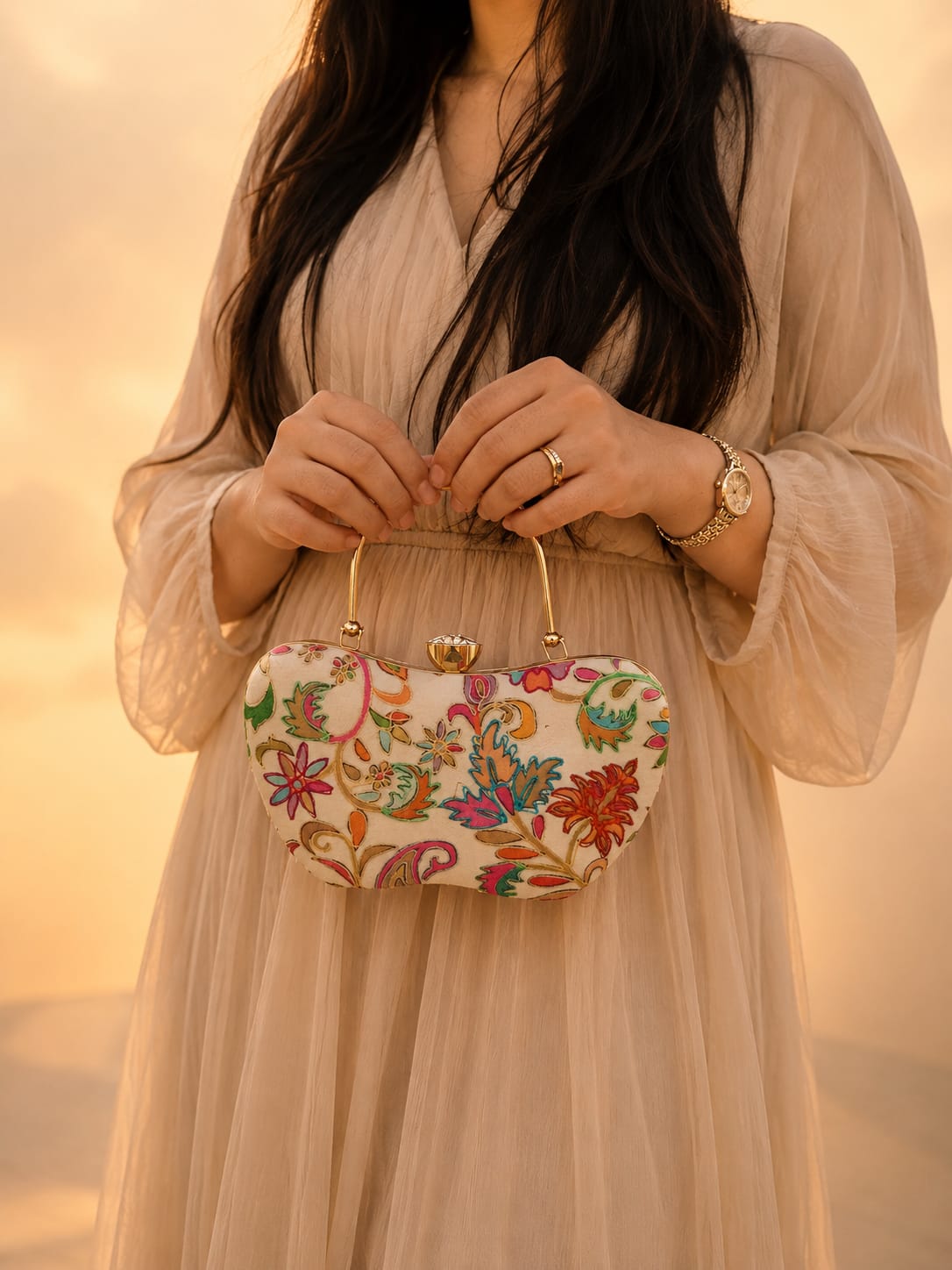 Ivory Kalamkari Embroidered Clutch |Premium Wedding & Party Handbag