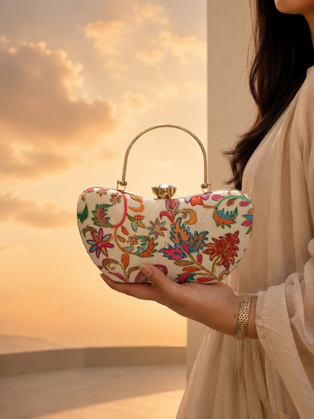 Ivory Kalamkari Embroidered Clutch |Premium Wedding & Party Handbag