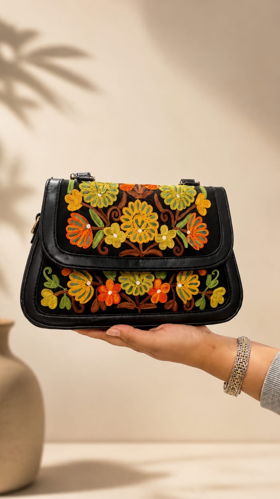 Premium Black Kashmiri Aari Embroidered Floral Sling Bag with Detachable & Adjustable Strap