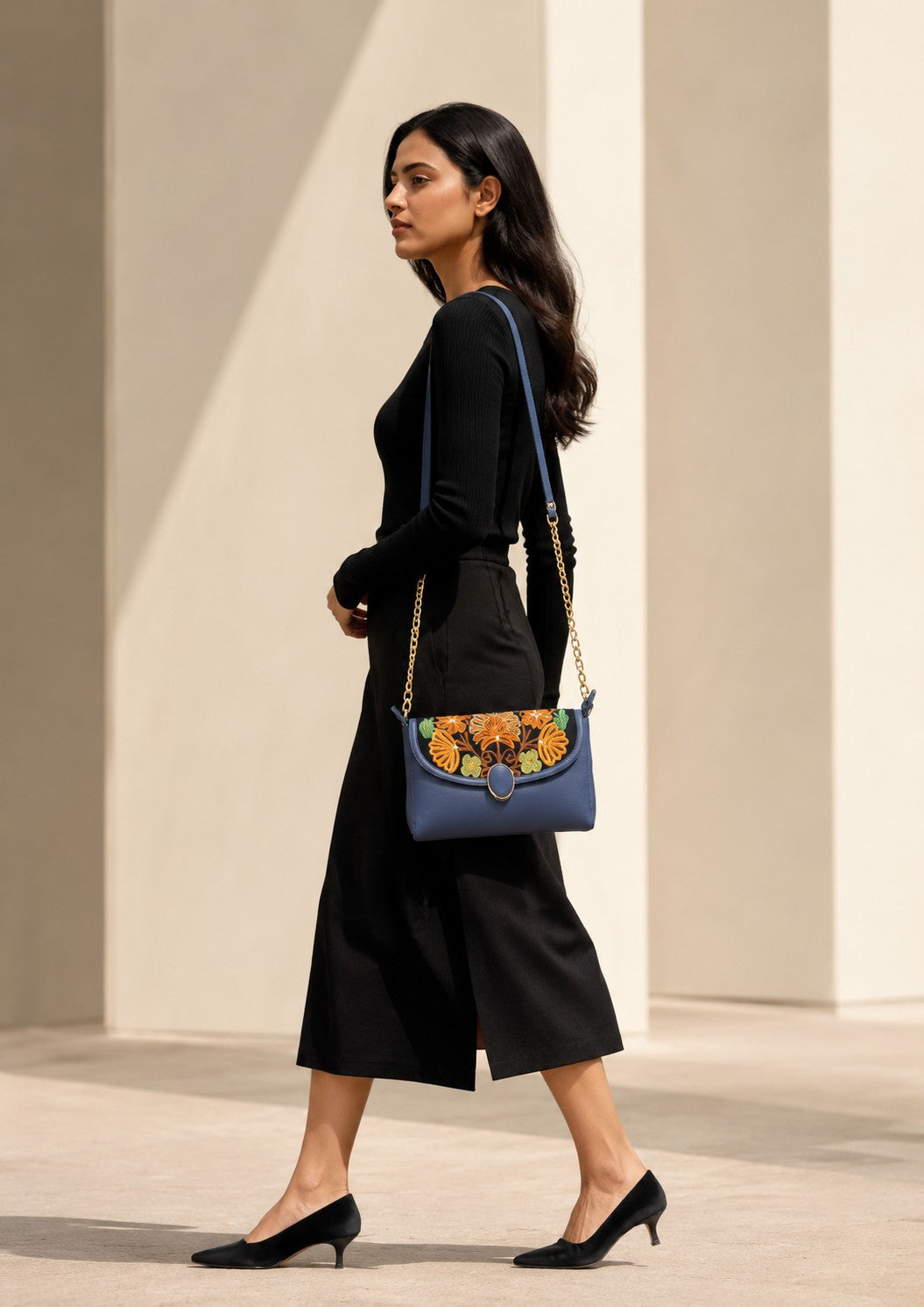 Elegant Slate Blue Kashmiri Embroidered Sling Bag | Crossbody Purse for Women
