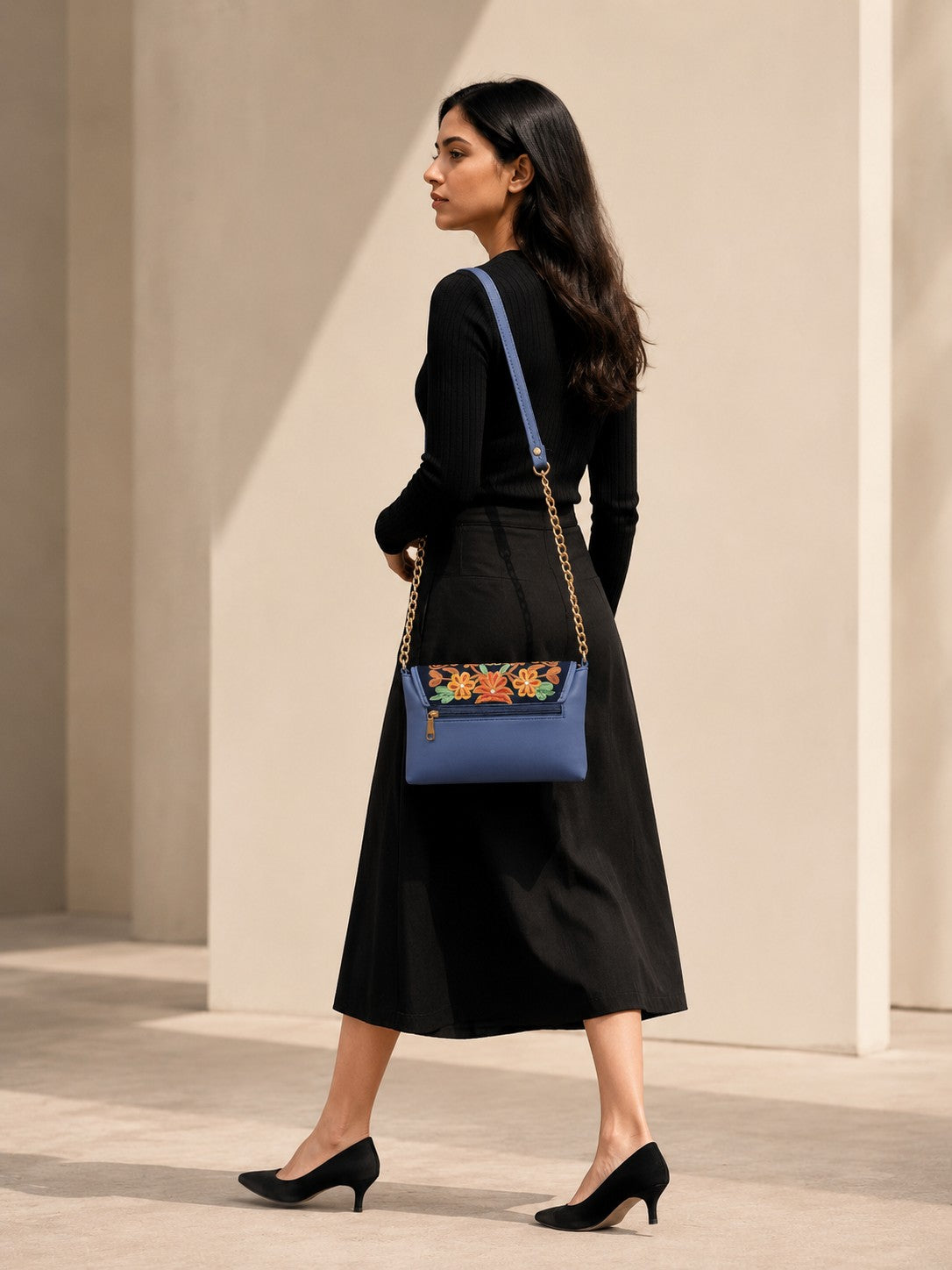Elegant Slate Blue Kashmiri Embroidered Sling Bag | Crossbody Purse for Women
