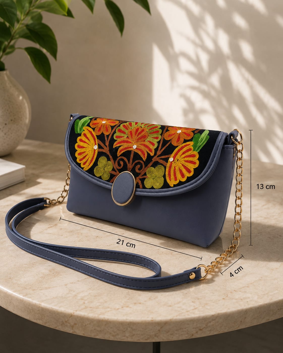 Elegant Slate Blue Kashmiri Embroidered Sling Bag | Crossbody Purse for Women