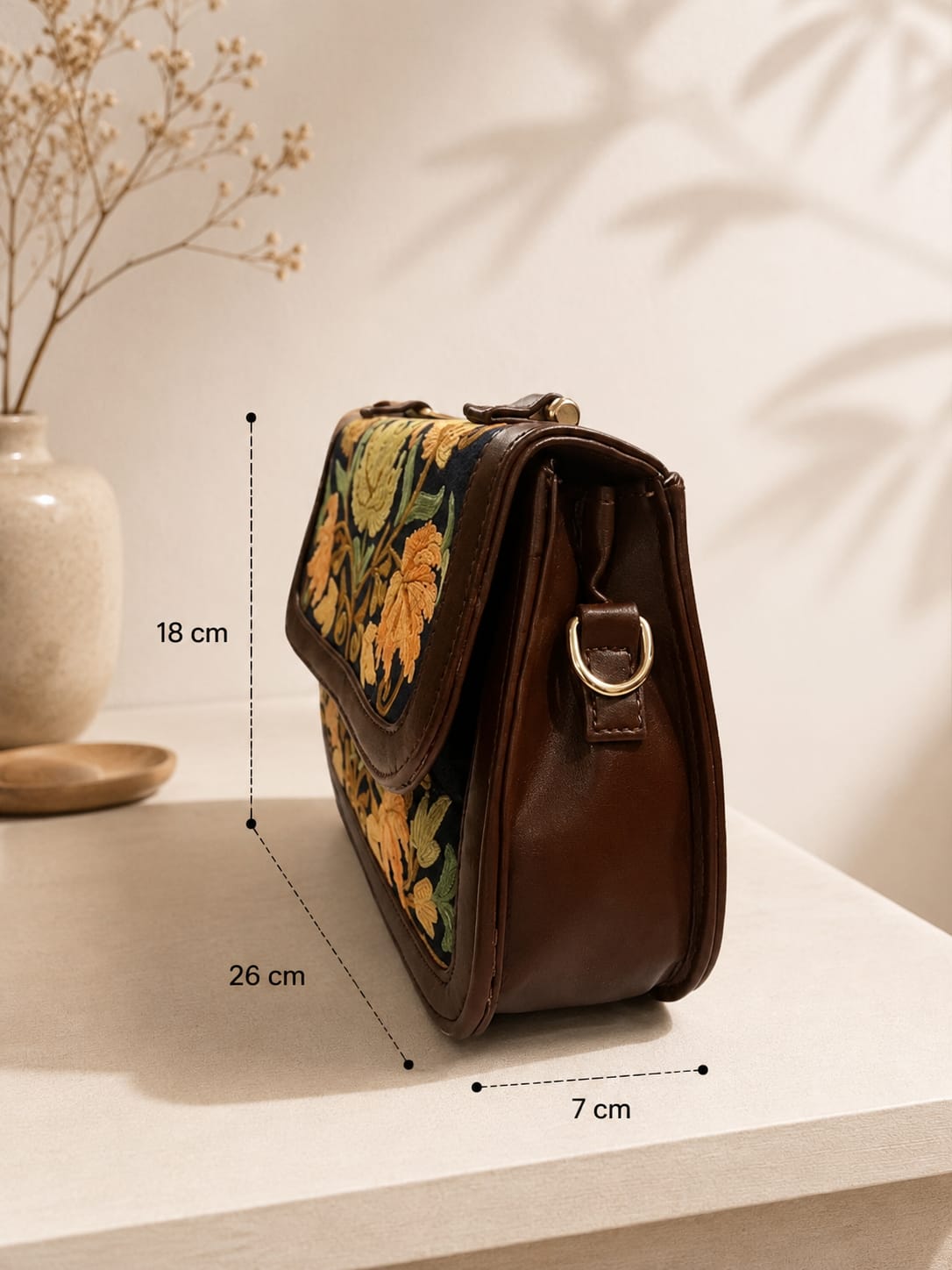 Premium Chocolate Brown Kashmiri Aari Embroidered Floral Sling Bag with Detachable & Adjustable Strap
