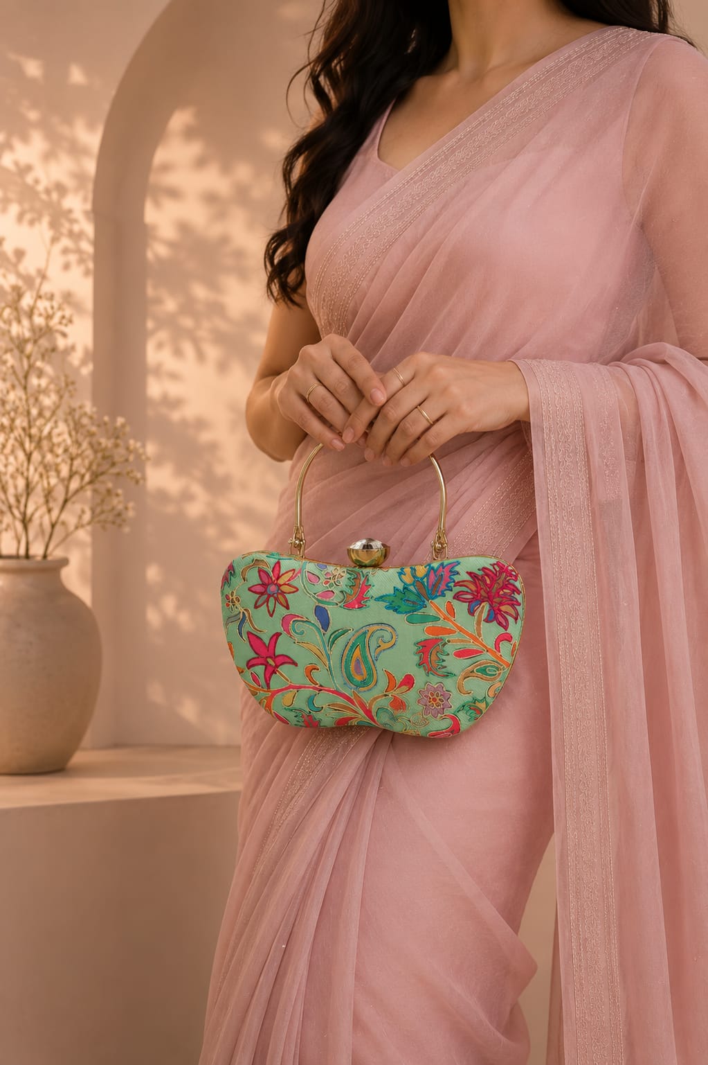 Mint-Green Kalamkari Embroidered Clutch |Premium Wedding & Party Handbag