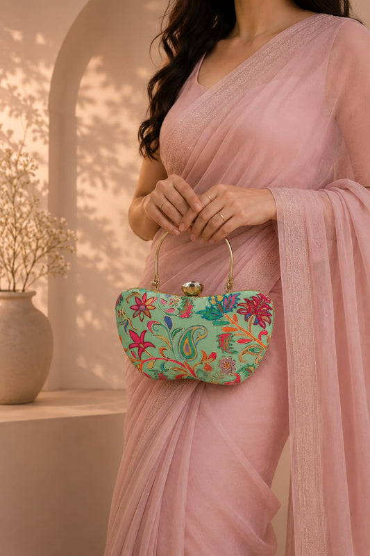 Mint-Green Kalamkari Embroidered Clutch |Premium Wedding & Party Handbag