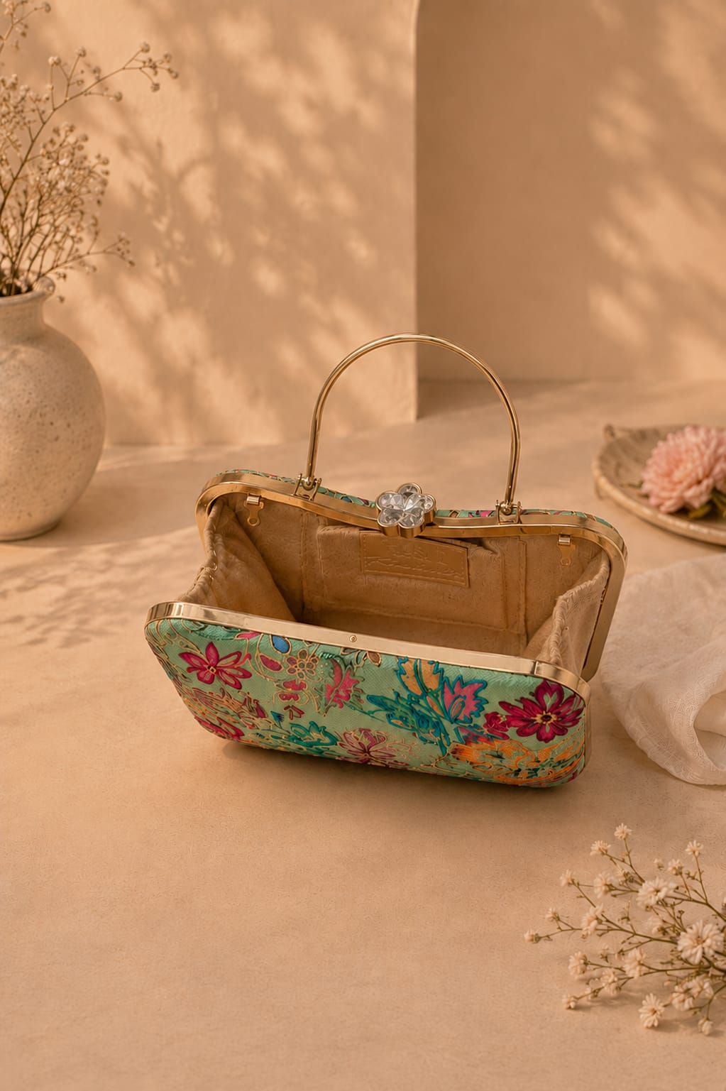 Mint-Green Kalamkari Embroidered Clutch |Premium Wedding & Party Handbag