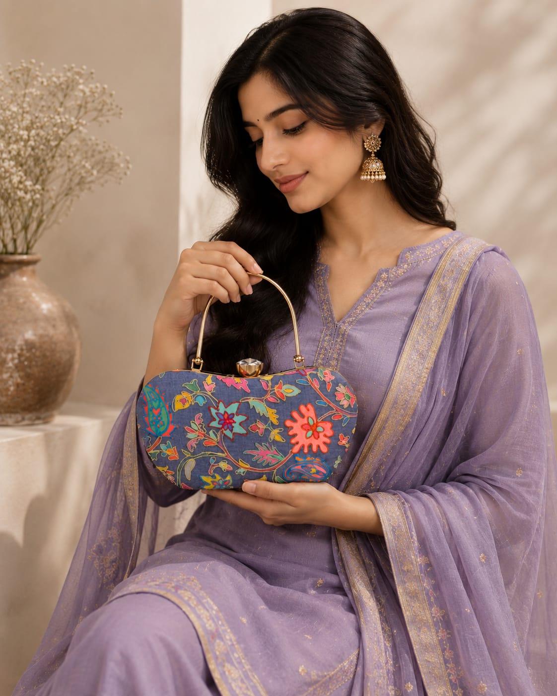 Deep Periwinkle Kalamkari Embroidered Clutch |Premium Wedding & Party Handbag