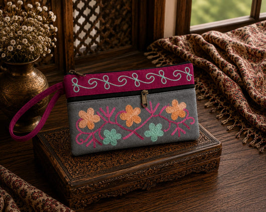Elegant Velvet Kashmiri Embroidered Utility Pouch / Wristlet | Grey & Wine Pink