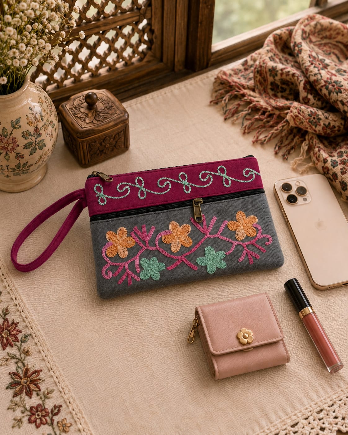 Elegant Velvet Kashmiri Embroidered Utility Pouch / Wristlet | Grey & Wine Pink