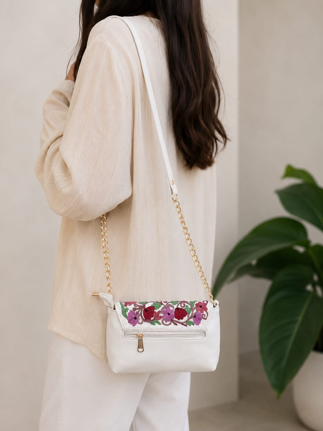 Elegant White Kashmiri Embroidered Sling Bag | Crossbody Purse for Women